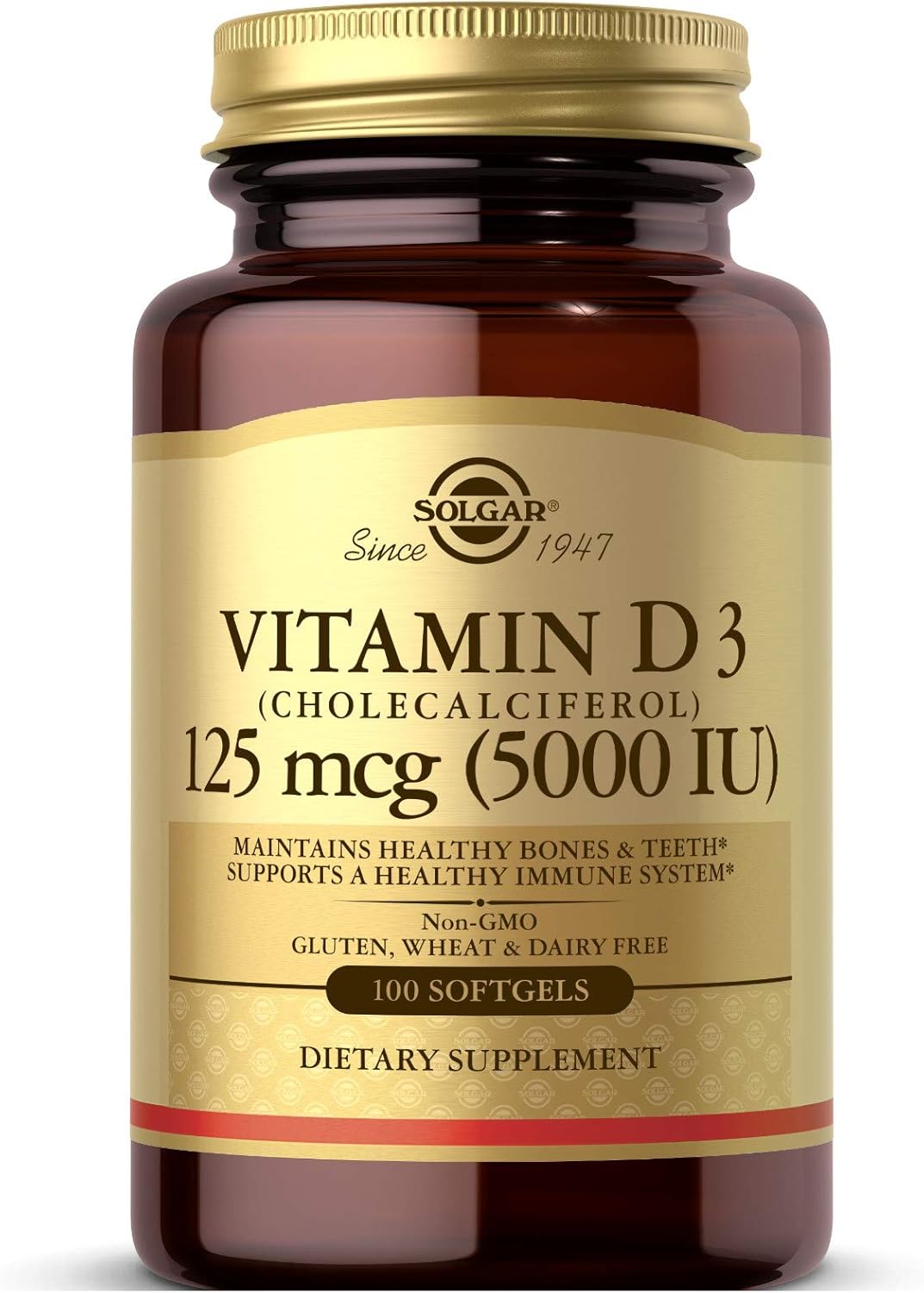 Solgar Vitamin D3 (Cholecalciferol) 125 MCG (5000 IU), 100 Softgels - Helps Maintain Healthy Bones & Teeth - Immune System Support - Non GMO, Gluten-Free, Dairy Free - 100 Servings