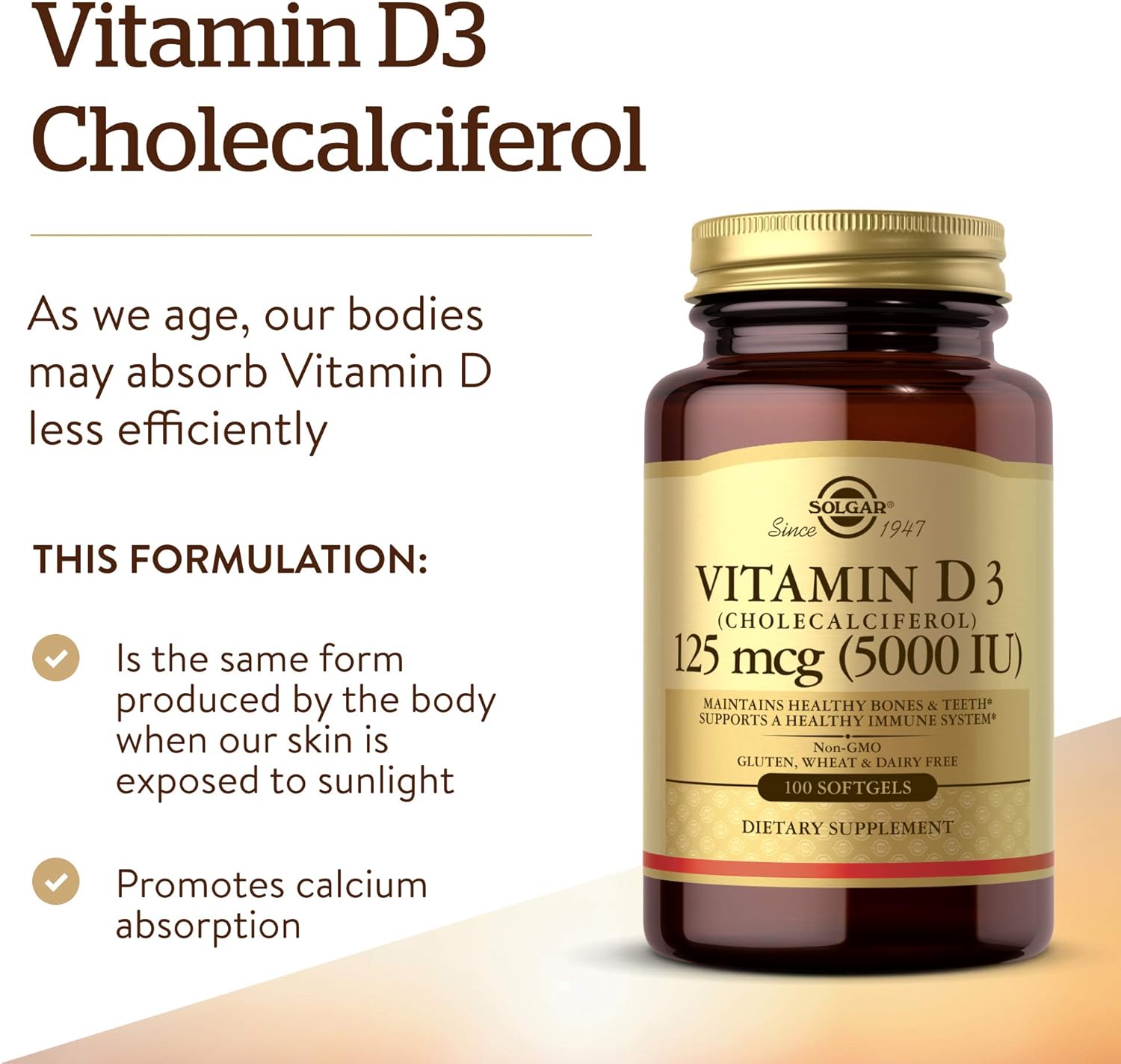 Solgar Vitamin D3 (Cholecalciferol) 125 MCG (5000 IU), 100 Softgels - Helps Maintain Healthy Bones & Teeth - Immune System Support - Non GMO, Gluten-Free, Dairy Free - 100 Servings