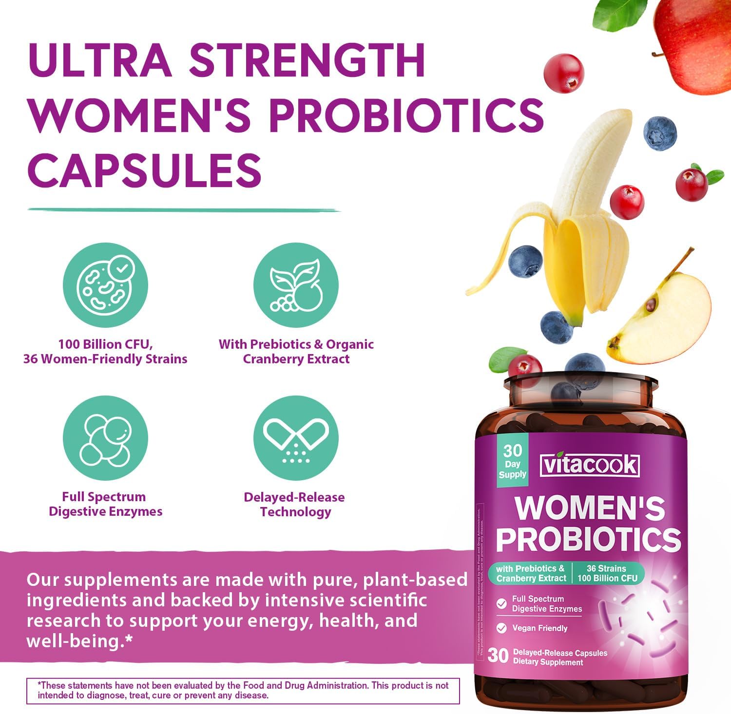 Probiotics for Women 100 Billion CFU 36 Strains, Women's Probiotic with Prebiotics & Digestive Enzymes, Organic Cranberry, Boost Digestive, Vaginal & Urinary Health, Gut Health and Immunity 30  Caps