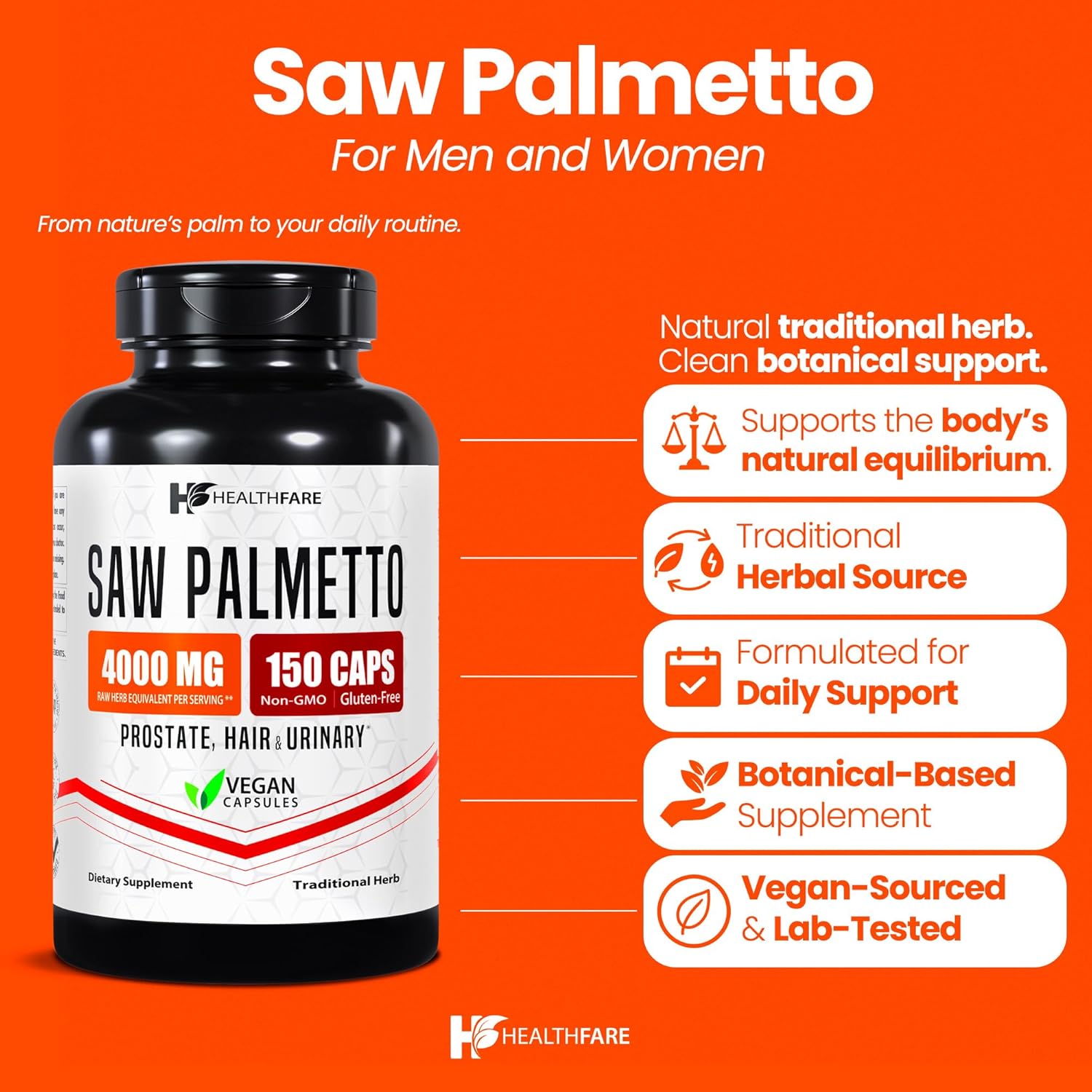 Healthfare Saw Palmetto for Men & Women | Extract 4000mg | 150 Vegan Capsules | Extra Strength Herbal Supplement | Supports Prostate, Urinary, Hair & DHT Balance | Non-GMO, Gluten-Free | Made in USA