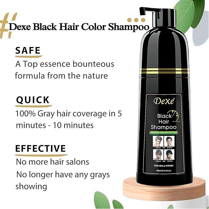 Dexe Black Shampoo Hair Dye- 400ml- Instant Black Hair Color for Men Women/ Black Hair Color/ Simple to Use/ Long Lasting- Fast Acting/ Natural Ingredients- No Hair Damage, Infused Natual Ingredients