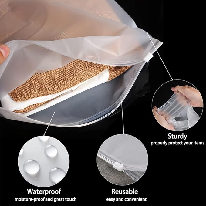 50x70cm Large Frosted Ziplock Storage Bag – Reusable Transparent Reusable Frosted Ziplock Bags with Slider Seal – For packaging Clothes, Bedding, Pillows, Travel items- Waterproof Heavy Duty Plastic.