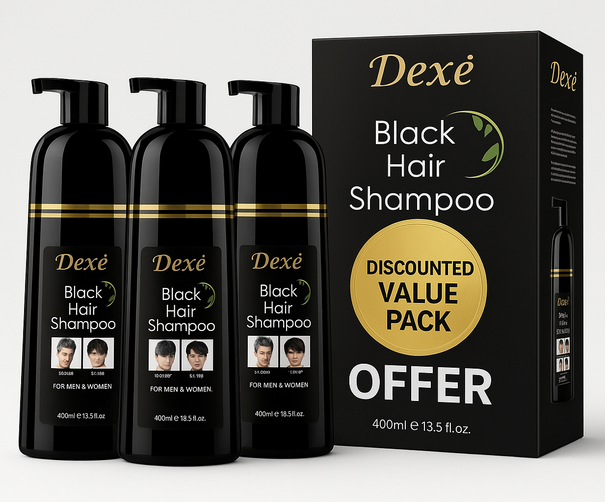 Dexe 3 PACK Black Permanent Hair Dyes + FREE Gloves- 400ml each bottle- Black Shampoo Hair Dye- Instant Black Hair Color for Men Women/ Black Hair Color/ Simple to Use/ Long Lasting- 5 min Fast Acting