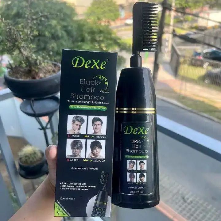 Dexe Black Shampoo Hair Dye- 200ml- Instant Black Hair Color for Men Women/ Black Hair Color/ Simple to Use/ Long Lasting- Fast Acting/ Natural Ingredients- No Hair Damage, Infused Natual Ingredients