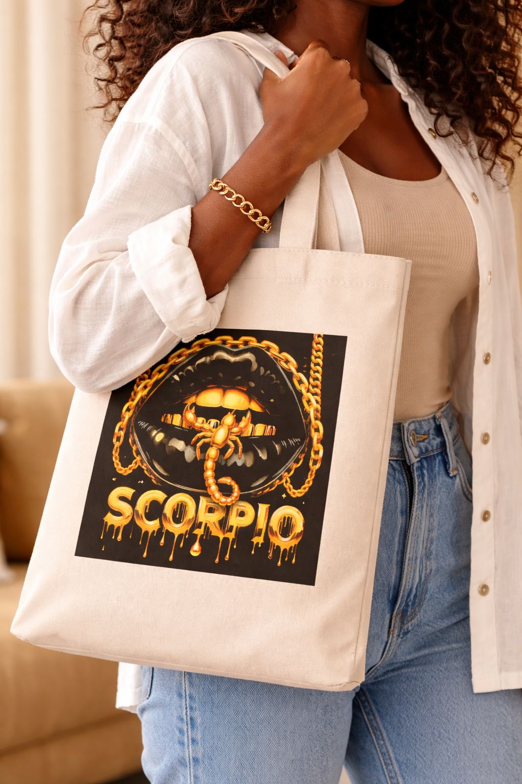 Local fast delivery Ladies Shoulder Casual Portable Tote Bag- Scorpio girl Handbags for Ladies- Cotton Canvas Tote Bags- Crossbody Bags for Women- Female Handle Shoulder Bag- Hot fashion Beige bag