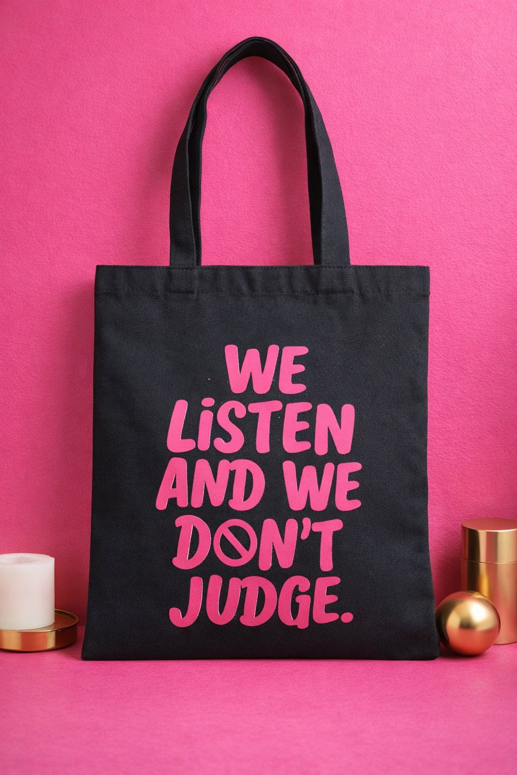 Black Cotton Canvas Tote Bag with Bold Pink Statement Print- Durable Eco-Friendly Shoulder Bag, Reusable Everyday Shopper, Stylish Minimalist Gift Tote for Work, School- niche design and high-end feel