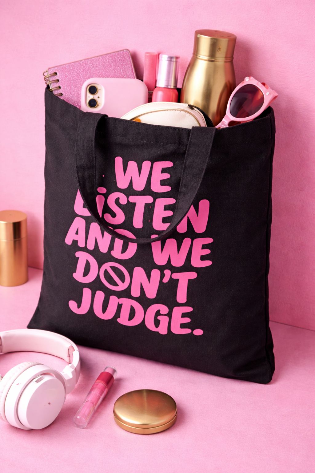 Black Cotton Canvas Tote Bag with Bold Pink Statement Print- Durable Eco-Friendly Shoulder Bag, Reusable Everyday Shopper, Stylish Minimalist Gift Tote for Work, School- niche design and high-end feel