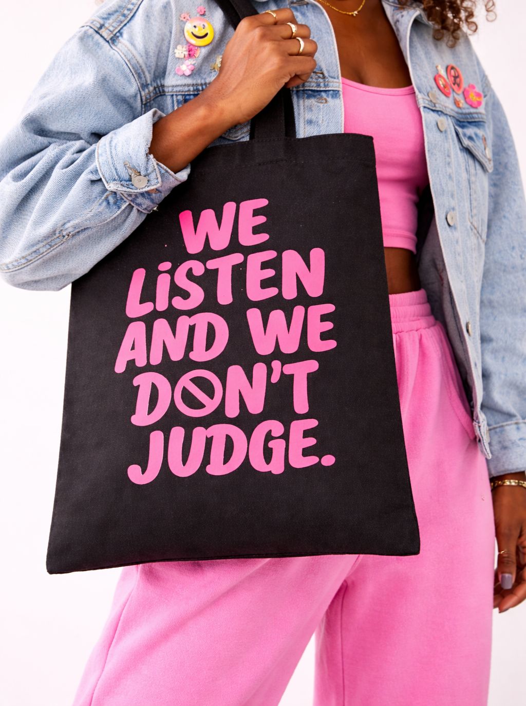 Black Cotton Canvas Tote Bag with Bold Pink Statement Print- Durable Eco-Friendly Shoulder Bag, Reusable Everyday Shopper, Stylish Minimalist Gift Tote for Work, School- niche design and high-end feel