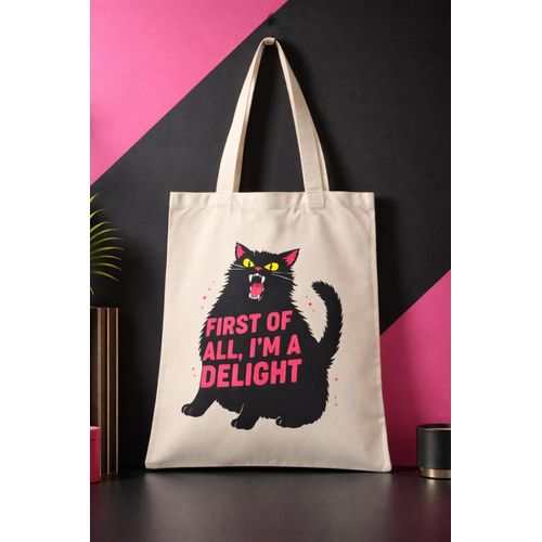 Premium Cotton Canvas Tote Bag for Men & Women- Medium size with Unique Artistic hot pink Design- Sassy black Cat Print Shoulder Crossbody Handbag- Backpack Casual School Bag for Work Shopping Travel.