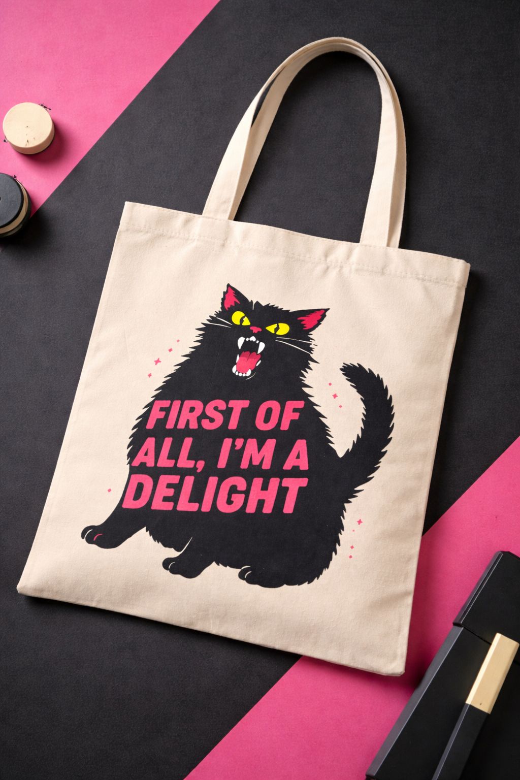 Premium Cotton Canvas Tote Bag for Men & Women- Medium size with Unique Artistic hot pink Design- Sassy black Cat Print Shoulder Crossbody Handbag- Backpack Casual School Bag for Work Shopping Travel.