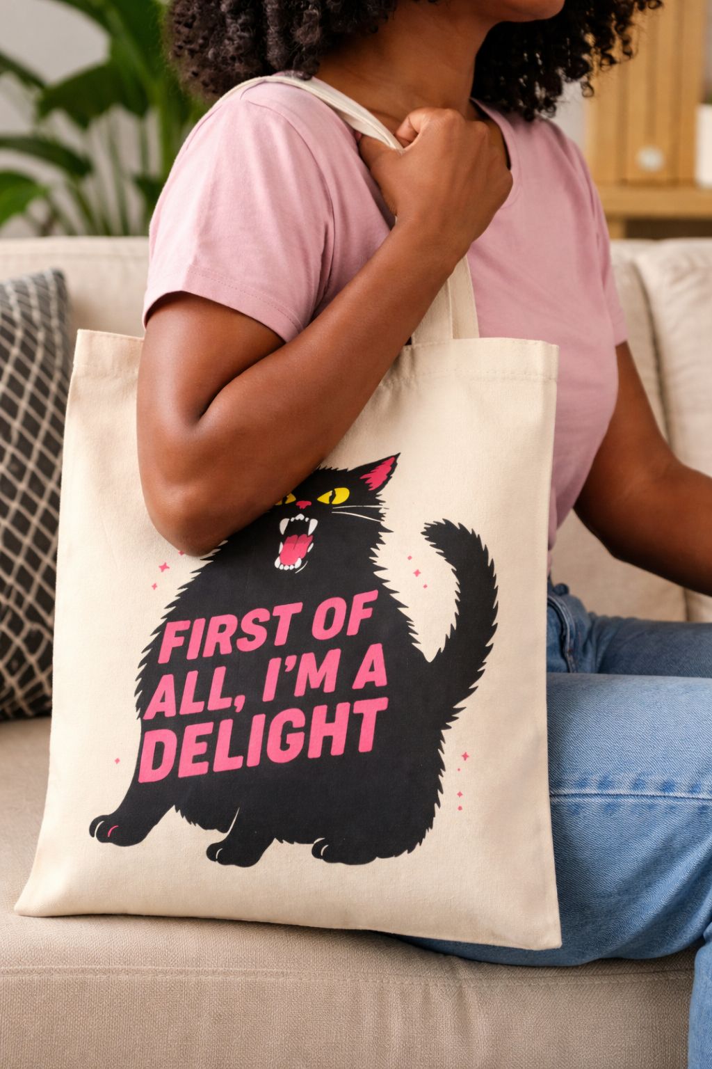 Premium Cotton Canvas Tote Bag for Men & Women- Medium size with Unique Artistic hot pink Design- Sassy black Cat Print Shoulder Crossbody Handbag- Backpack Casual School Bag for Work Shopping Travel.