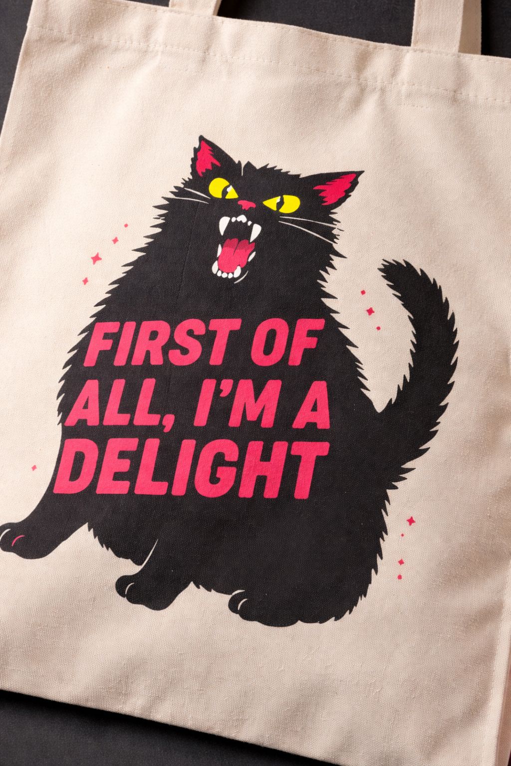 Premium Cotton Canvas Tote Bag for Men & Women- Medium size with Unique Artistic hot pink Design- Sassy black Cat Print Shoulder Crossbody Handbag- Backpack Casual School Bag for Work Shopping Travel.