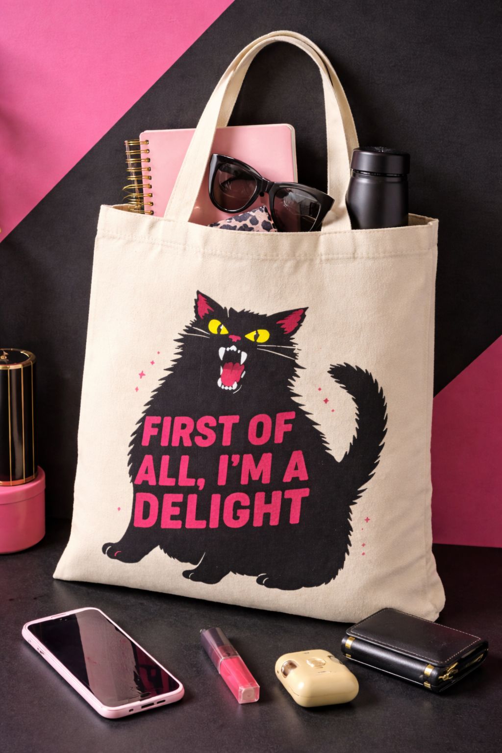 Premium Cotton Canvas Tote Bag for Men & Women- Medium size with Unique Artistic hot pink Design- Sassy black Cat Print Shoulder Crossbody Handbag- Backpack Casual School Bag for Work Shopping Travel.