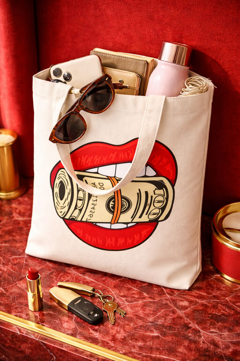 Rich Ladies Shoulder Bag Cross-body bag- Large Beige Purse Handag- Women Stylish Tote Bag- Cotton Canvas Bag- designed Lipstick Set Velvet Lip Stick Non-stick Lip Gloss Moisturize Long Lasting Print.