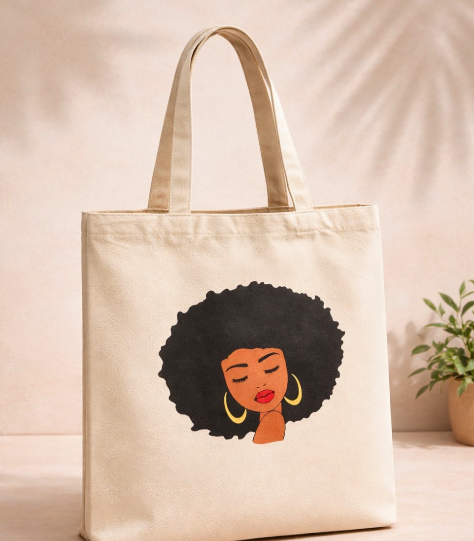 Afro Hair Black Woman Printed Tote Bag- Bag Gift Idea African Art Canvas Bag for Women- Ladies bags- Fashionable Handbags- Ladies Purse- Shoulder Bag for School, Shopping & Daily Use, Melanin Magic.
