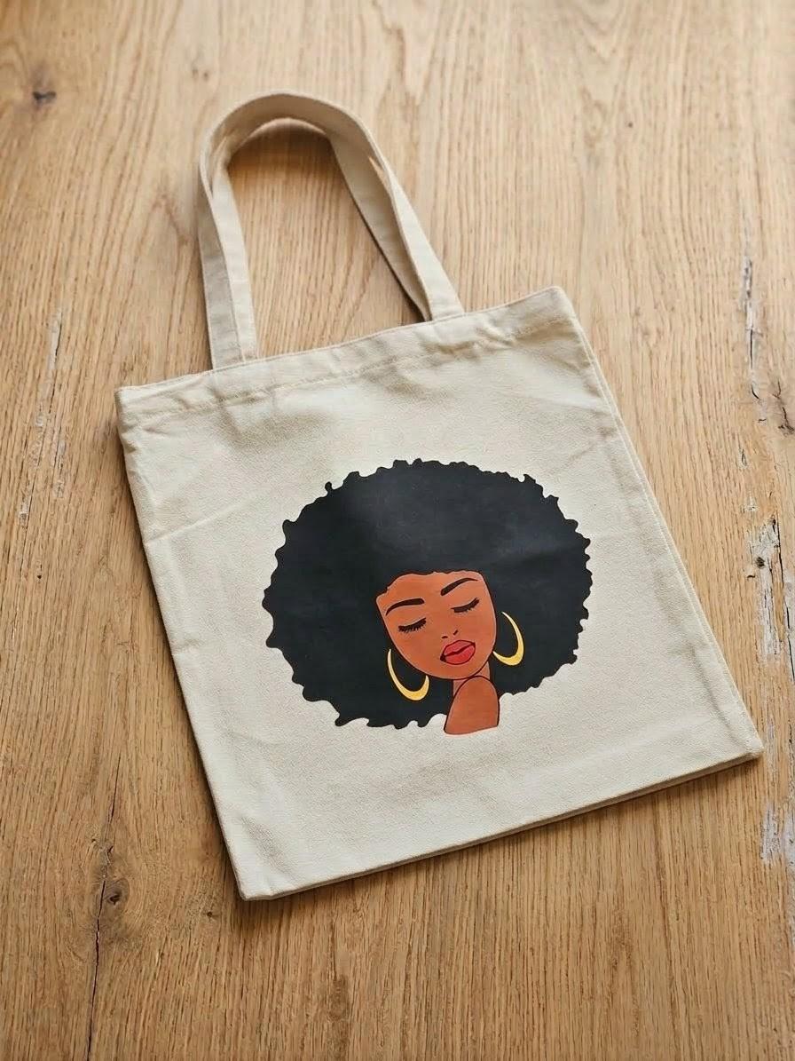 Afro Hair Black Woman Printed Tote Bag- Bag Gift Idea African Art Canvas Bag for Women- Ladies bags- Fashionable Handbags- Ladies Purse- Shoulder Bag for School, Shopping & Daily Use, Melanin Magic.