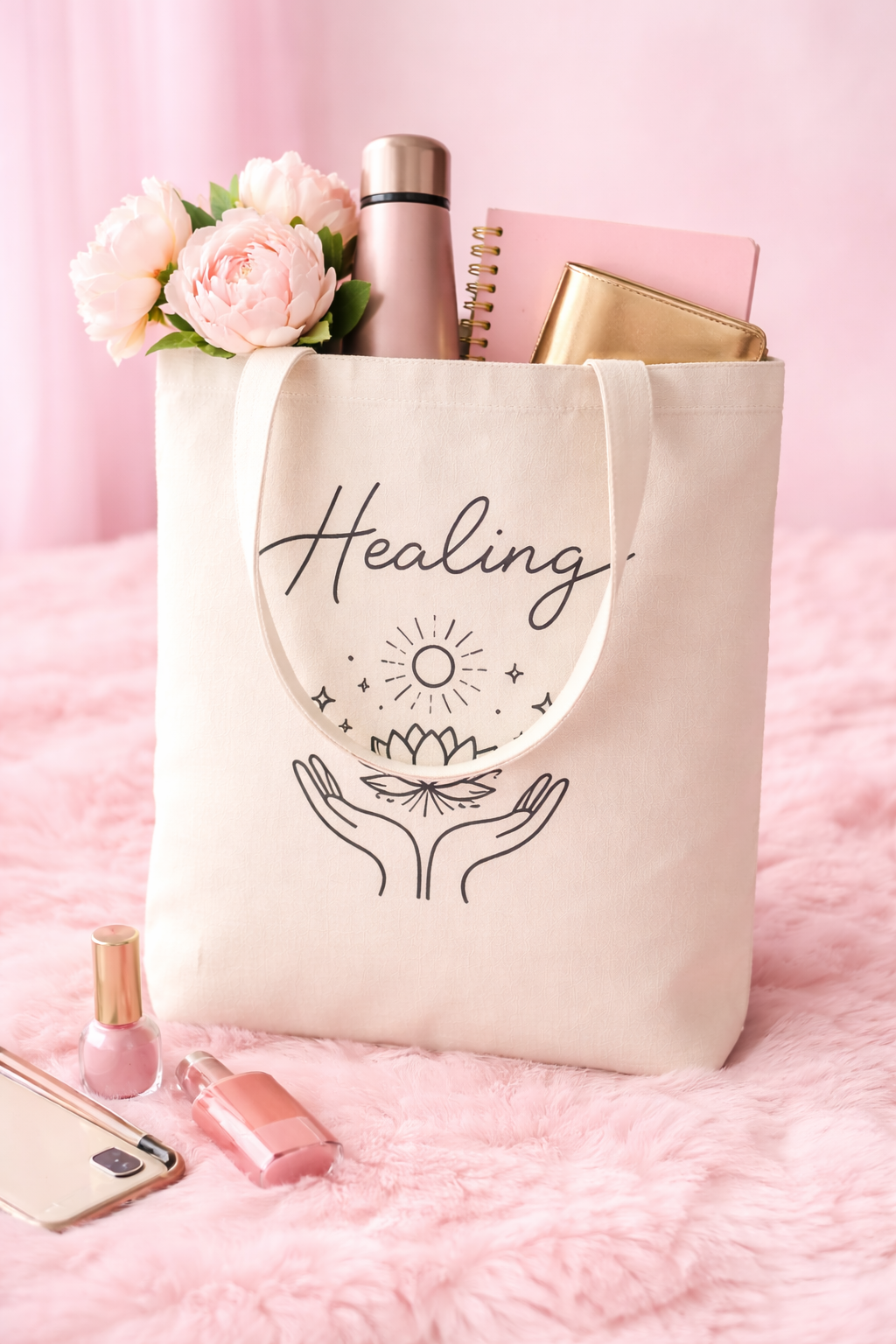 HEALING Cotton Canvas Tote handbag- Large Capacity canvas shoulder bag- School bag for students, work, and everyday use, Mental Health Awareness, Self Care Gift, Wellness Aesthetic, Spiritual Growth.
