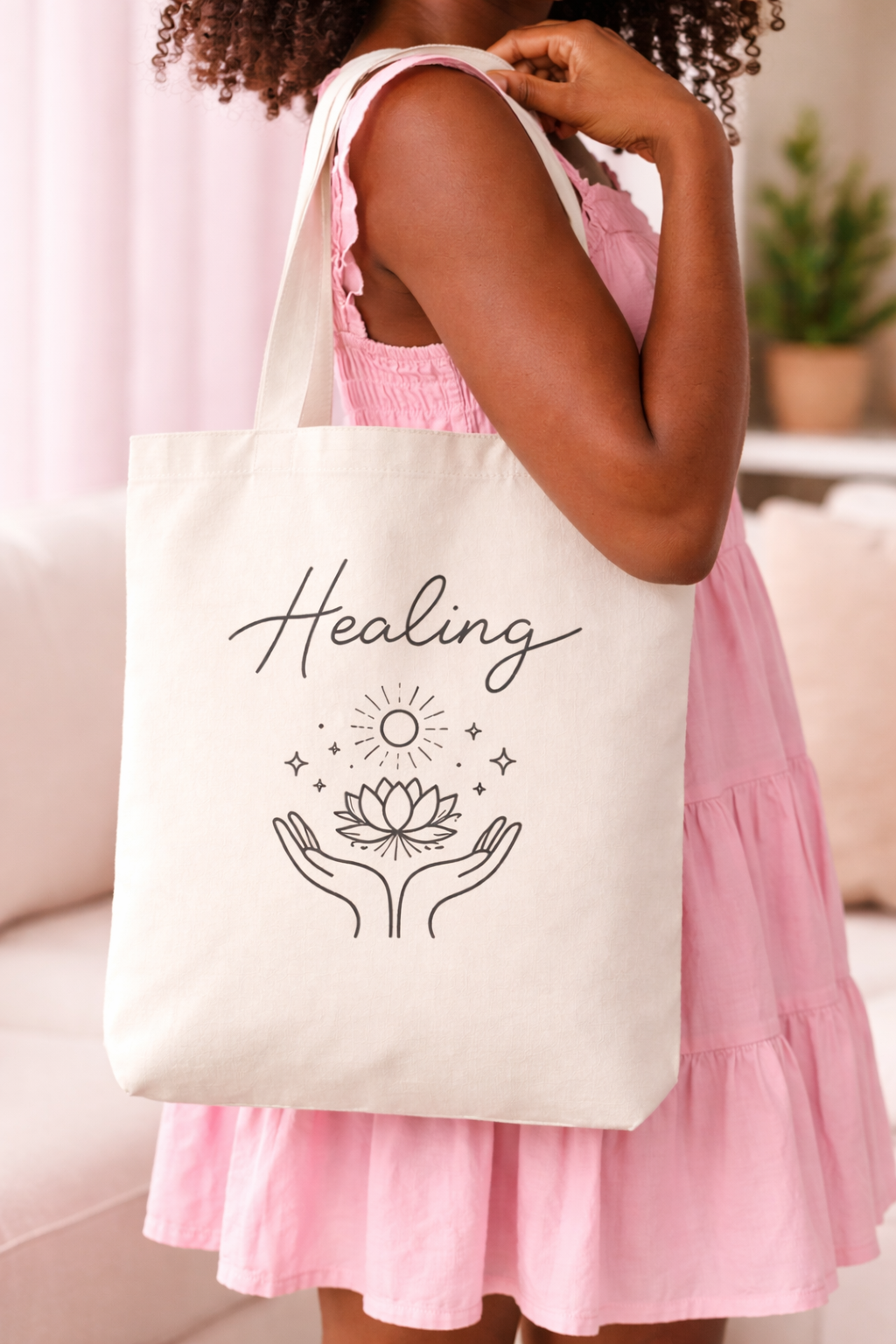 HEALING Cotton Canvas Tote handbag- Large Capacity canvas shoulder bag- School bag for students, work, and everyday use, Mental Health Awareness, Self Care Gift, Wellness Aesthetic, Spiritual Growth.