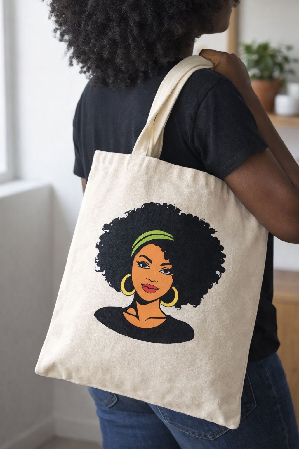 Afro Tote Bag Canvas- Stylish Everyday Carry Bag- Reusable Shopping, Work & School Handbag with Graphic Print Design, Melanin Magic, Black Girl Joy, Natural Hair Art, Cultural Pride, Ethnic Aesthetic.