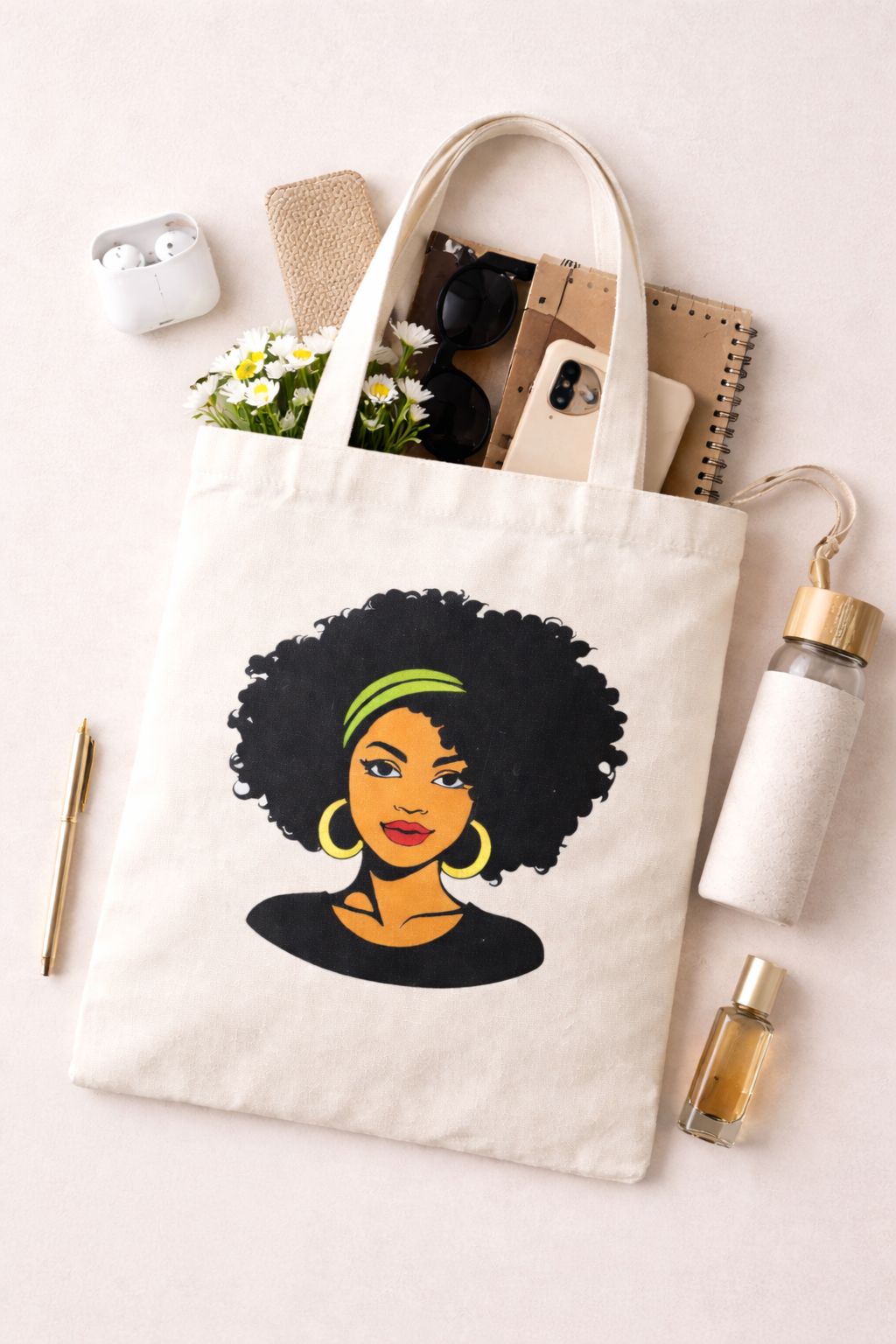 Afro Tote Bag Canvas- Stylish Everyday Carry Bag- Reusable Shopping, Work & School Handbag with Graphic Print Design, Melanin Magic, Black Girl Joy, Natural Hair Art, Cultural Pride, Ethnic Aesthetic.