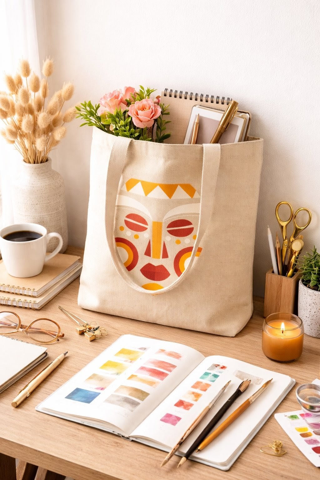 African Print Tote Bag, Ankara Pattern Canvas Shopper- Beige, Wax Print Aesthetic, Kente Inspired Art, Heritage Carryall, Modern Ethic Style, Afrocentric Accessory, Global Nomad Gear, Vibrant Cultural