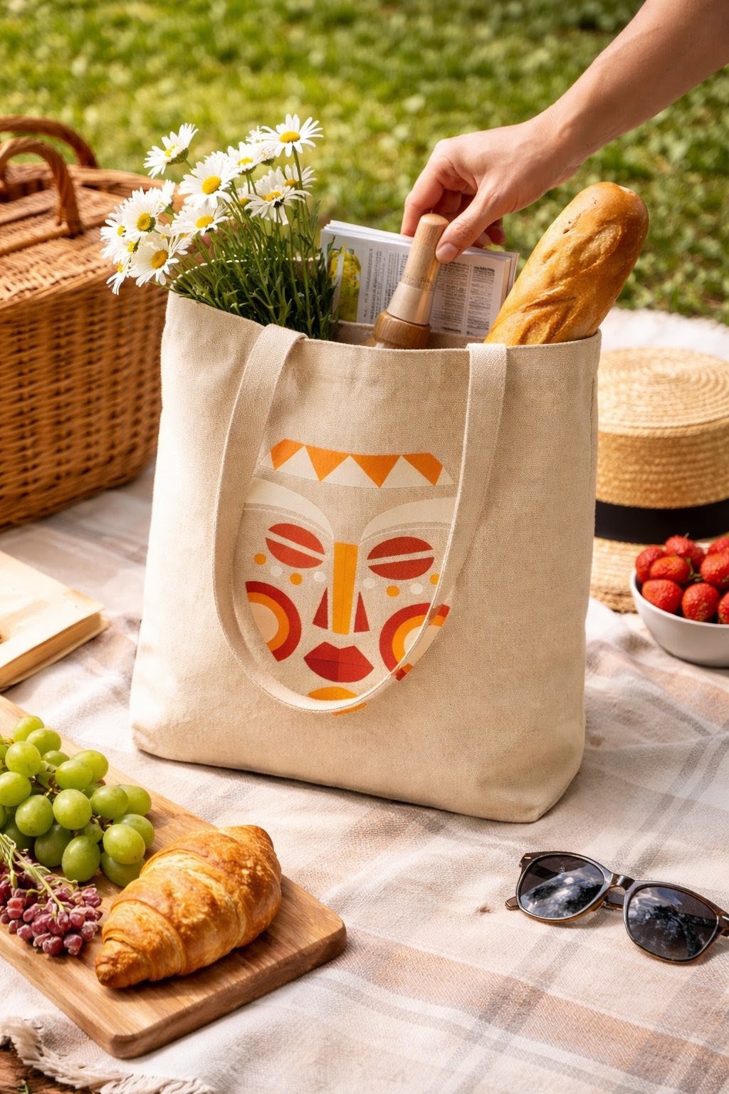 African Print Tote Bag, Ankara Pattern Canvas Shopper- Beige, Wax Print Aesthetic, Kente Inspired Art, Heritage Carryall, Modern Ethic Style, Afrocentric Accessory, Global Nomad Gear, Vibrant Cultural