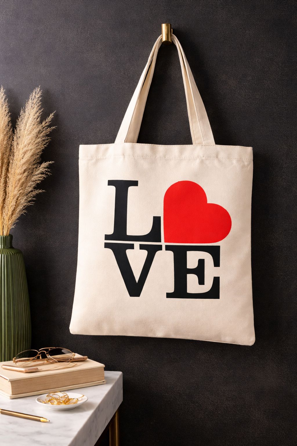 Love Cotton Canvas Tote Bag- Reusable Everyday Carry Bag- Durable Shopping, Work & School Handbag for Daily Use, Romantic Aesthetic, Valentine's Day Gift, Heart Graphic Apparel, Minimalist accesory.