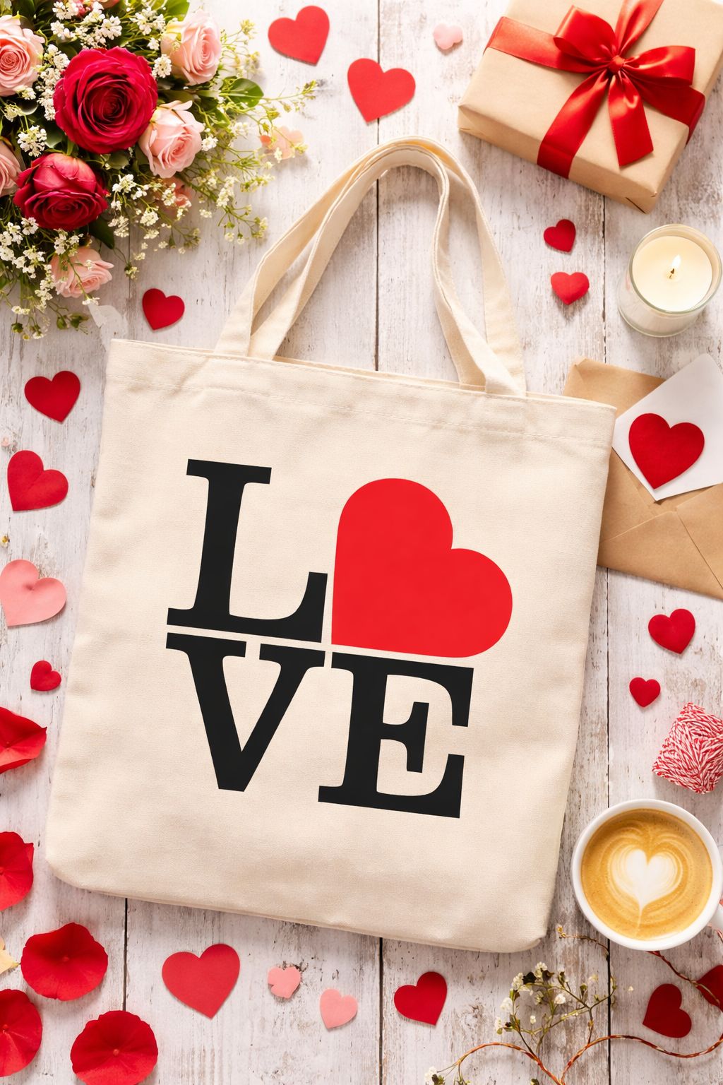 Love Cotton Canvas Tote Bag- Reusable Everyday Carry Bag- Durable Shopping, Work & School Handbag for Daily Use, Romantic Aesthetic, Valentine's Day Gift, Heart Graphic Apparel, Minimalist accesory.