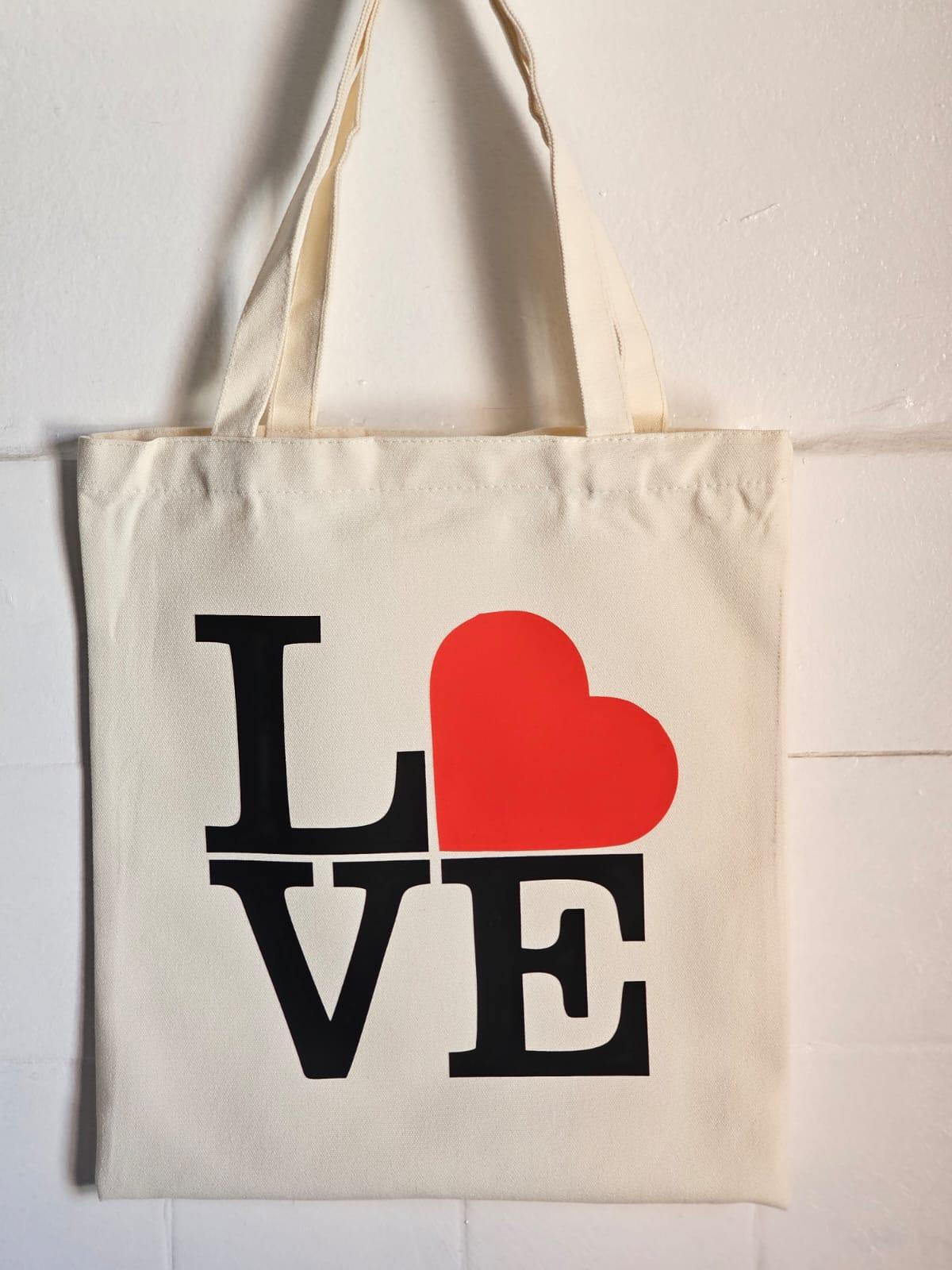Love Cotton Canvas Tote Bag- Reusable Everyday Carry Bag- Durable Shopping, Work & School Handbag for Daily Use, Romantic Aesthetic, Valentine's Day Gift, Heart Graphic Apparel, Minimalist accesory.
