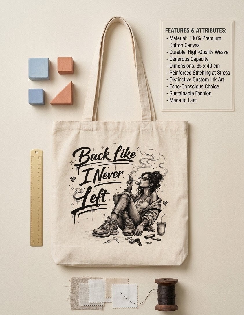 Premium "Back Like I Never Left" Urban Graphic Canvas Tote Bag - Durable, Eco-Friendly, Large Capacity Shoulder Handbag for Daily Travel & Shopping - Stylish Aesthetic Streetwear Fashion Accessory