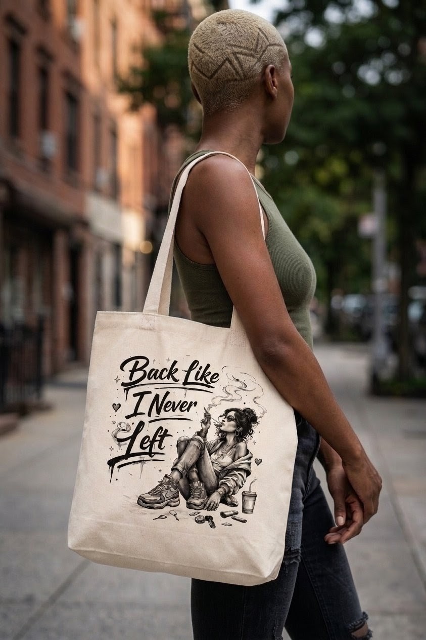 Premium "Back Like I Never Left" Urban Graphic Canvas Tote Bag - Durable, Eco-Friendly, Large Capacity Shoulder Handbag for Daily Travel & Shopping - Stylish Aesthetic Streetwear Fashion Accessory