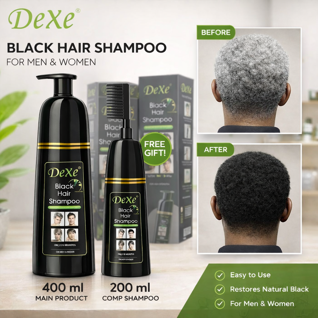 Dexe FREE GIFT of 200ml + 400ml Black Shampoo Hair Dye- Instant Black Hair Color for Men Women/ Black Hair Color/ Simple to Use/ Long Lasting- Fast Acting/ Natural Ingredients- Safe, No Hair Damage!