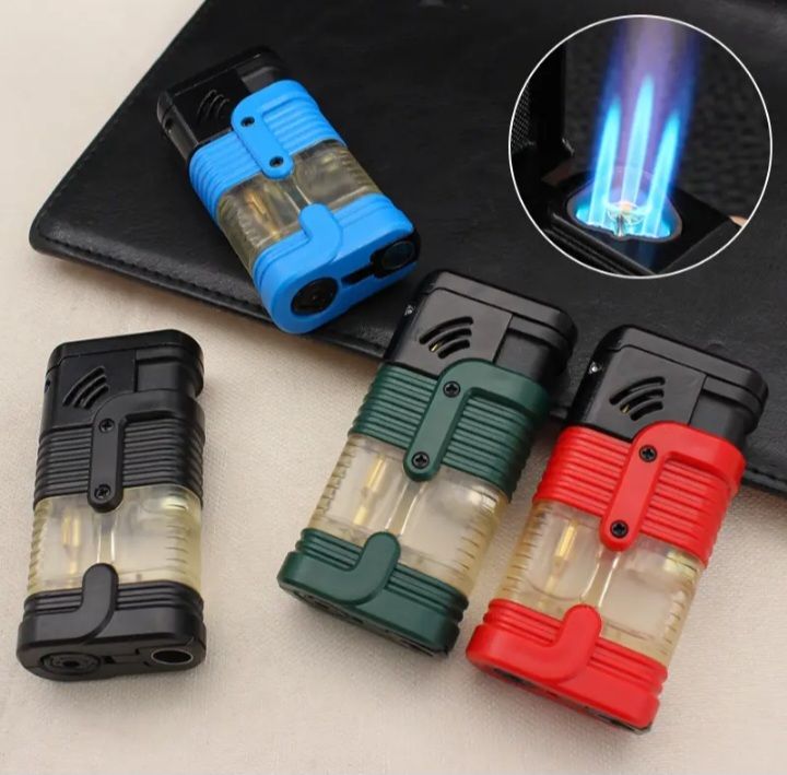 Three Fire Jet Flame Lighter, Plastic Visible Gas Chamber Windproof.
