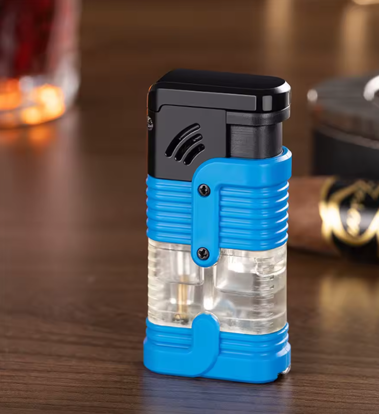 Three Fire Jet Flame Lighter, Plastic Visible Gas Chamber Windproof.