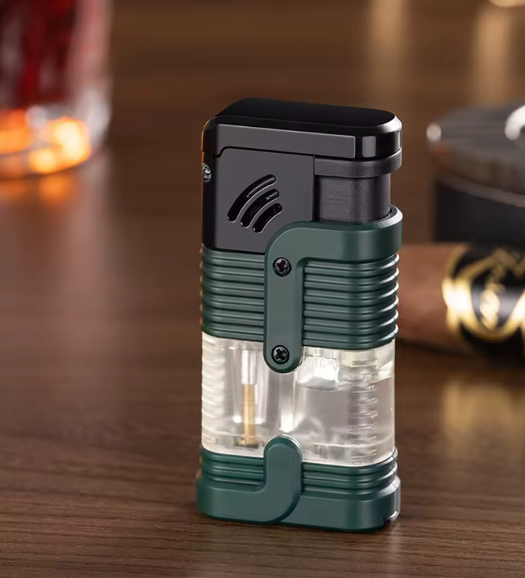 Three Fire Jet Flame Lighter, Plastic Visible Gas Chamber Windproof.