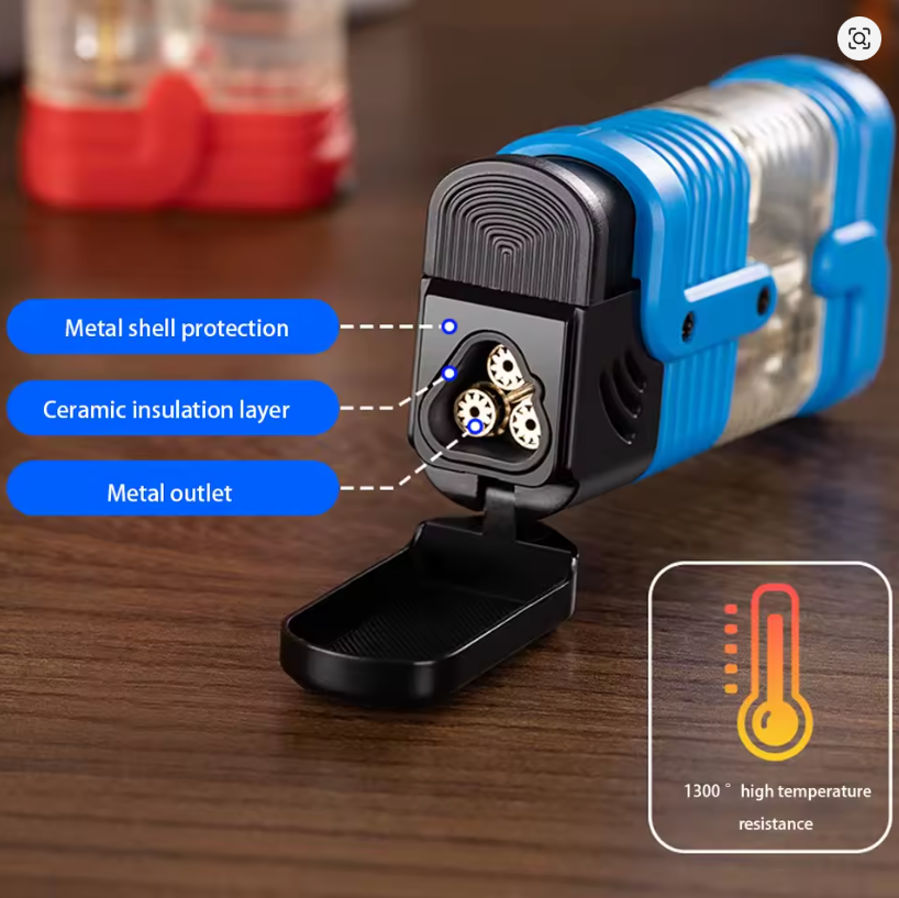 Three Fire Jet Flame Lighter, Plastic Visible Gas Chamber Windproof.