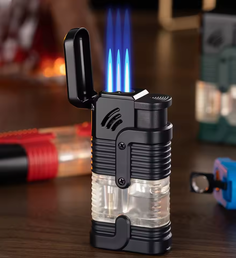 Three Fire Jet Flame Lighter, Plastic Visible Gas Chamber Windproof.