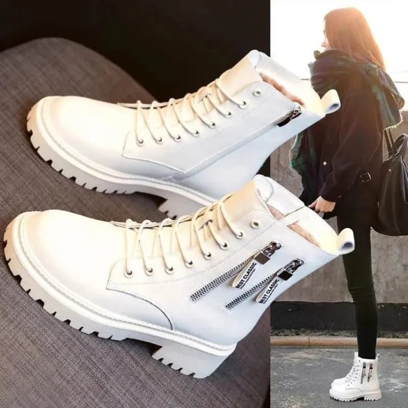 New Women's Shoes Real Soft Leather Martin Boots Female British Style All-match Thick-soled Ankle bo Fashion Ladies Casual Boots Elegant Square heel Vintage Boots Cool Shoes Girl Combat