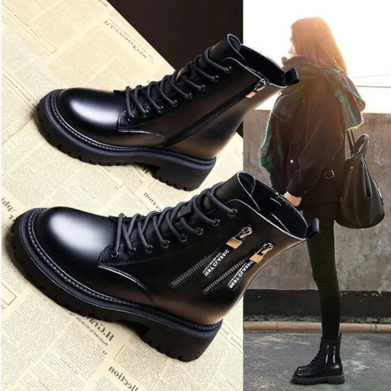 New Women's Shoes Real Soft Leather Martin Boots Female British Style All-match Thick-soled Ankle bo Fashion Ladies Casual Boots Elegant Square heel Vintage Boots Cool Shoes Girl Combat