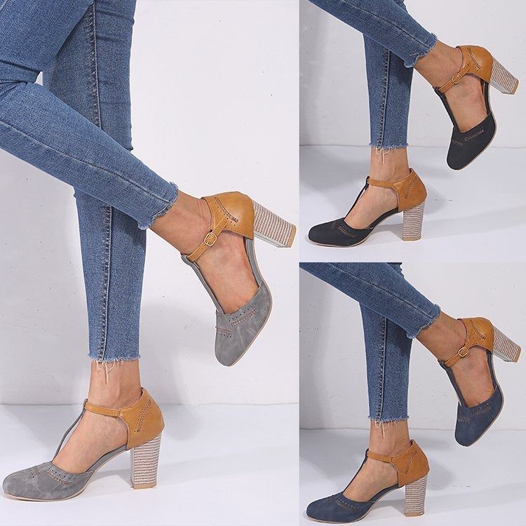 Africa large size European and American rubber PU high heel shoes independent station explosion shallow mouth one line buckle round head thick heel shoes