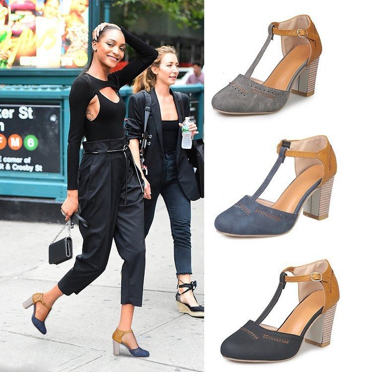 Africa large size European and American rubber PU high heel shoes independent station explosion shallow mouth one line buckle round head thick heel shoes