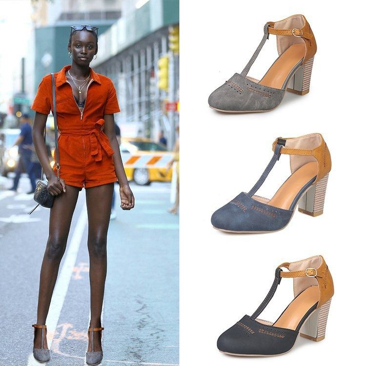 Africa large size European and American rubber PU high heel shoes independent station explosion shallow mouth one line buckle round head thick heel shoes