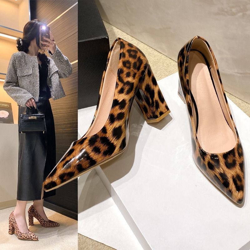 Africa's new patent leather pointed sexy high heels thick leopard print single shoes female cross-border big size hot selling professional single shoes