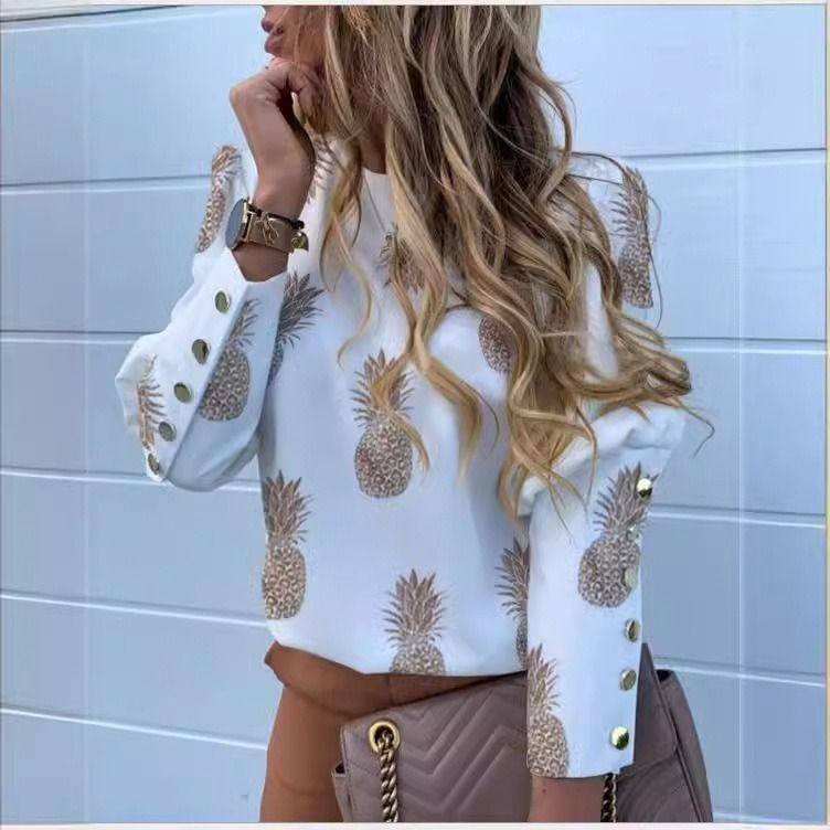 2026 Africa explosive autumn and winter long sleeve button pineapple printed shirt for women shirt for women a large number of stock work essential