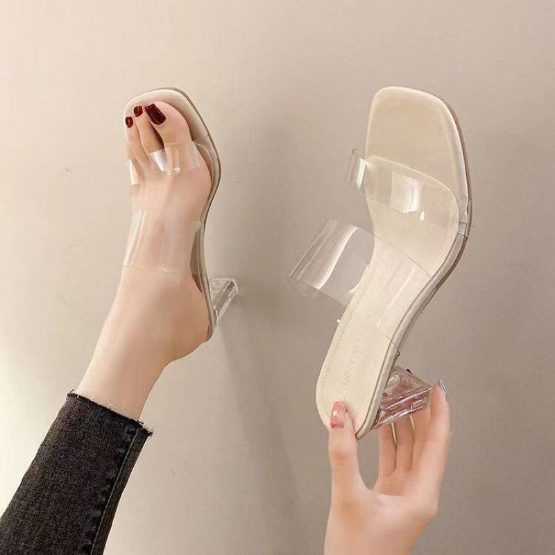 Africa Summer 2024 new line with clear sandals women's crystal high heels beach sandals medium heel chunky slippers Business fairy wind