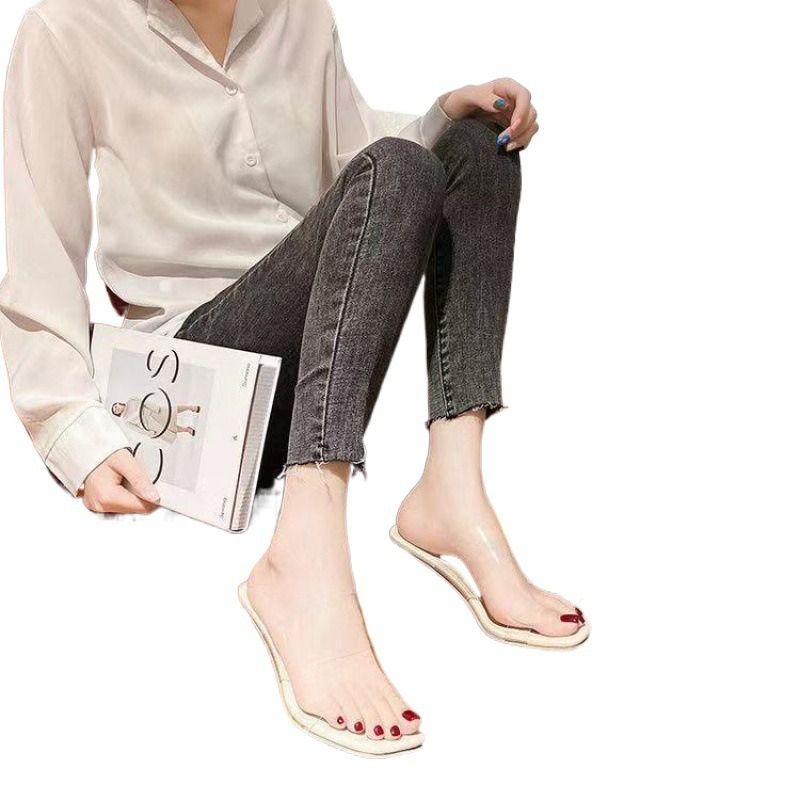 Africa Summer 2024 new line with clear sandals women's crystal high heels beach sandals medium heel chunky slippers Business fairy wind