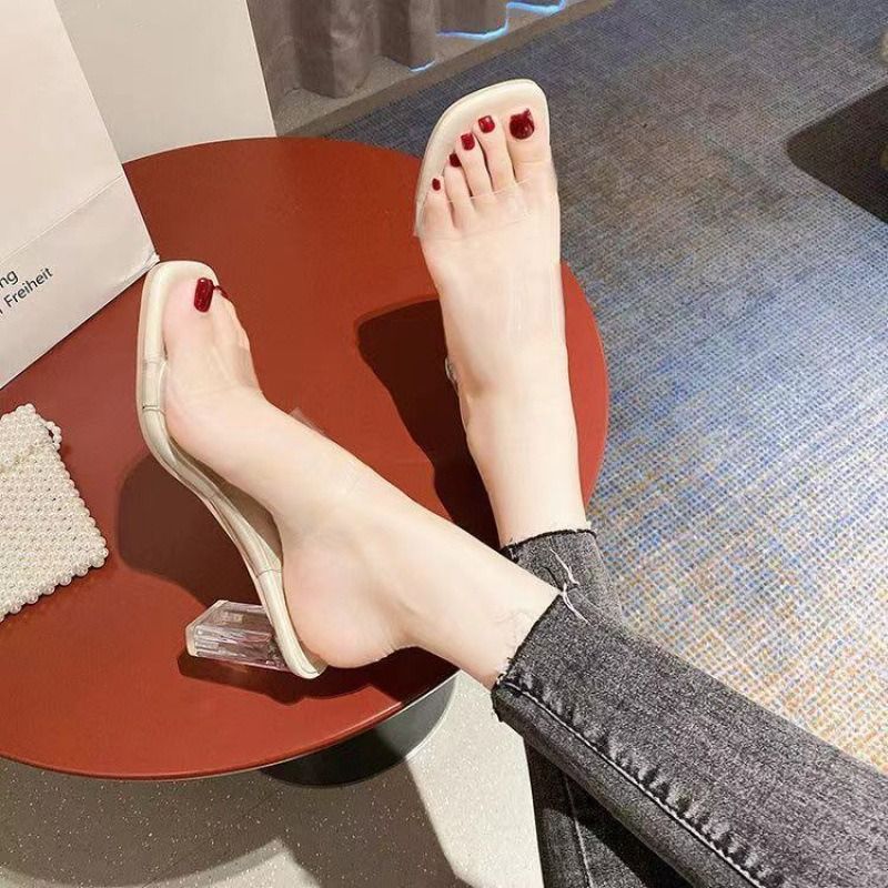 Africa Summer 2024 new line with clear sandals women's crystal high heels beach sandals medium heel chunky slippers Business fairy wind