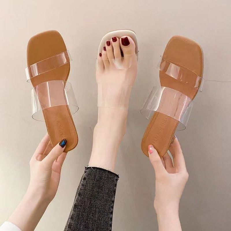 Africa Summer 2024 new line with clear sandals women's crystal high heels beach sandals medium heel chunky slippers Business fairy wind