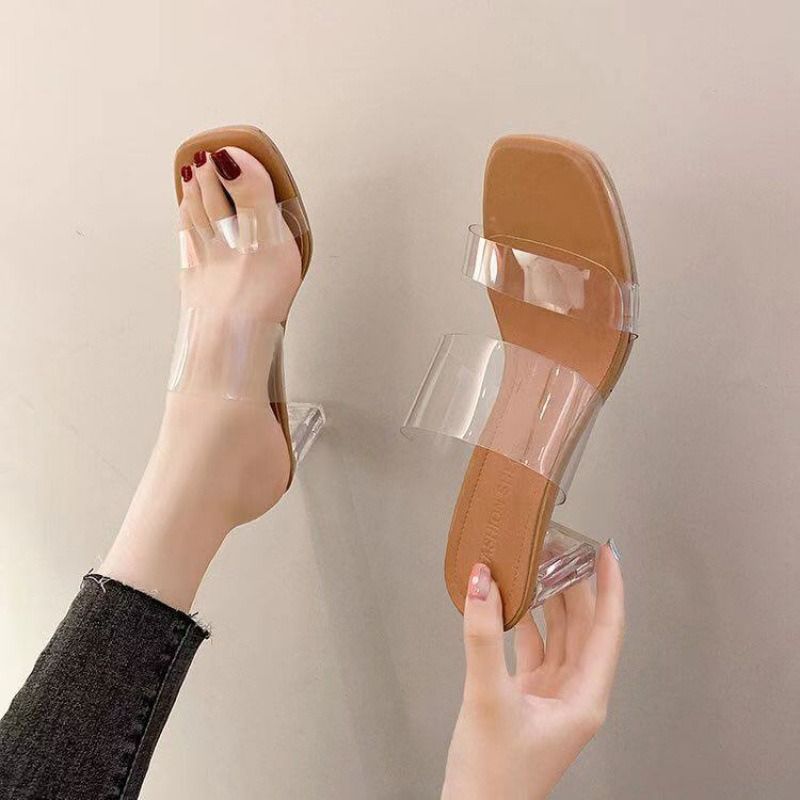 Africa Summer 2024 new line with clear sandals women's crystal high heels beach sandals medium heel chunky slippers Business fairy wind