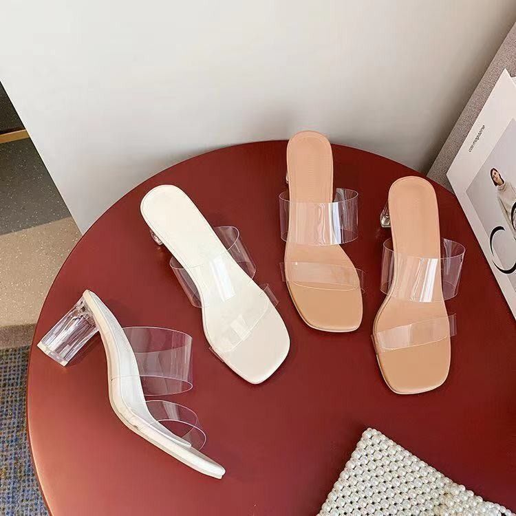 Africa Summer 2024 new line with clear sandals women's crystal high heels beach sandals medium heel chunky slippers Business fairy wind